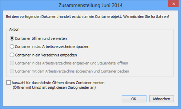 Container documents – Action dialog