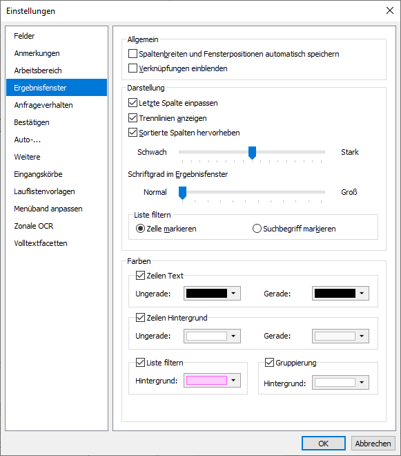 Settings result window