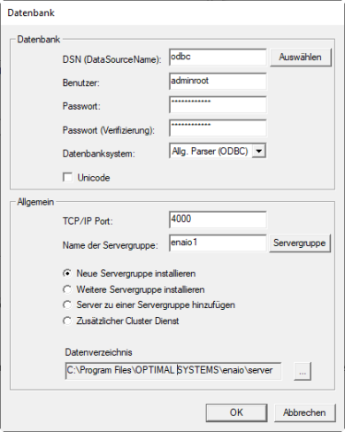 Server installation dialog: database