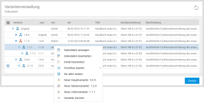 Variant administration – screenshot