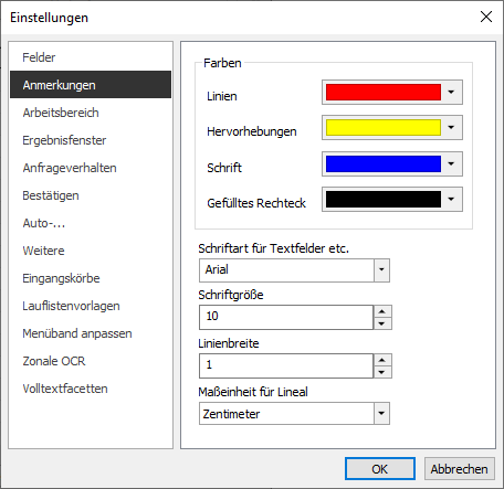 enaio® client - Einstellungen - Bereich Anmerkungen