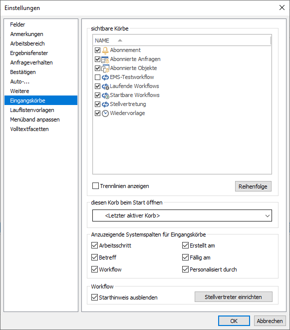 enaio® client - Einstellungen - Eingangskörbe