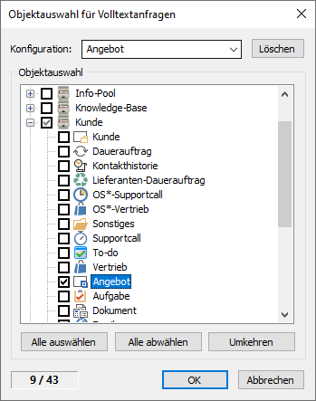 Full-text search – Object type selection