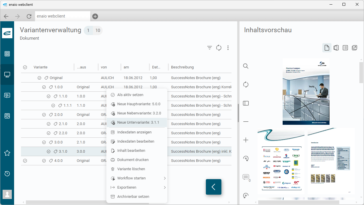 Variantenverwaltung - Screenshot