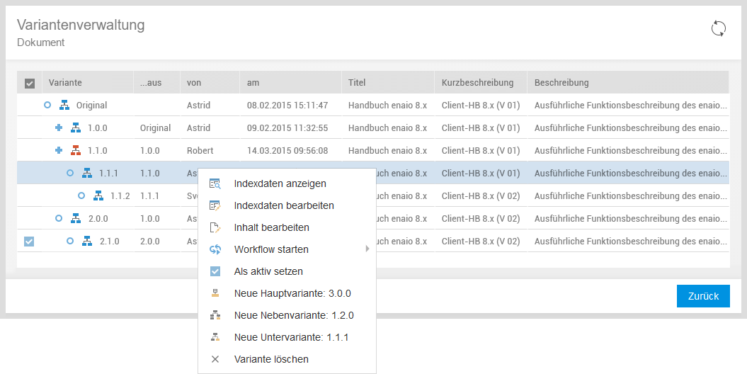 Variant administration – screenshot