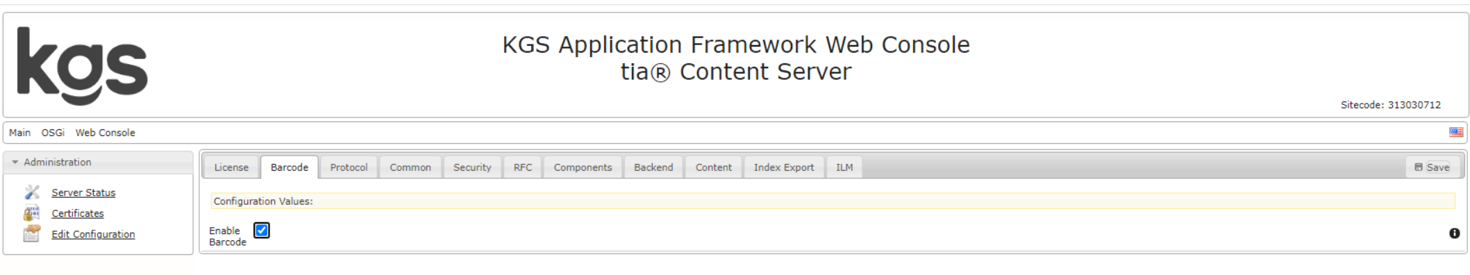 Screenshot of the Barcode Tab in the previous KGS Application Framework Web Console