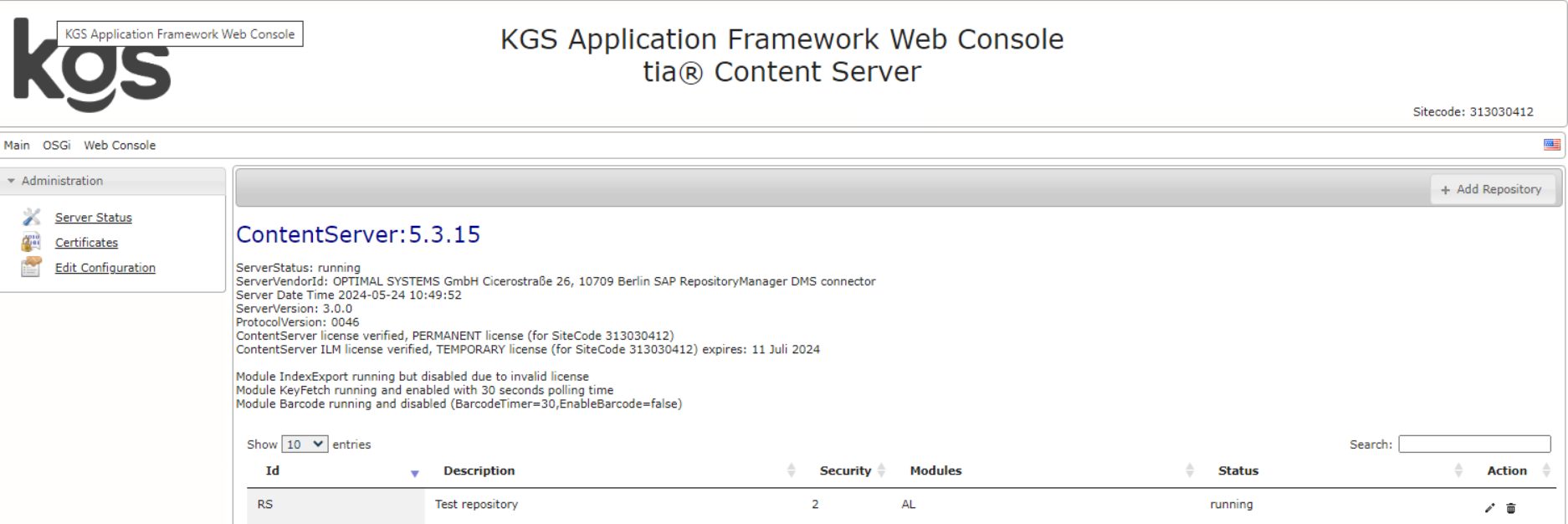 KGS Application Framework Web Console