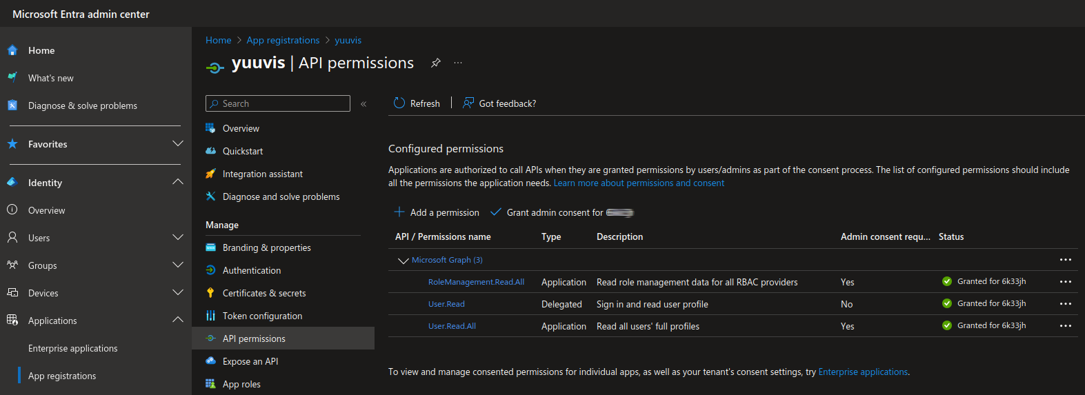 Screenshot of Microsoft Entra admin center - API permissions secion
