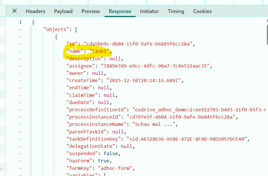 BPM API response with the highlighted task name
