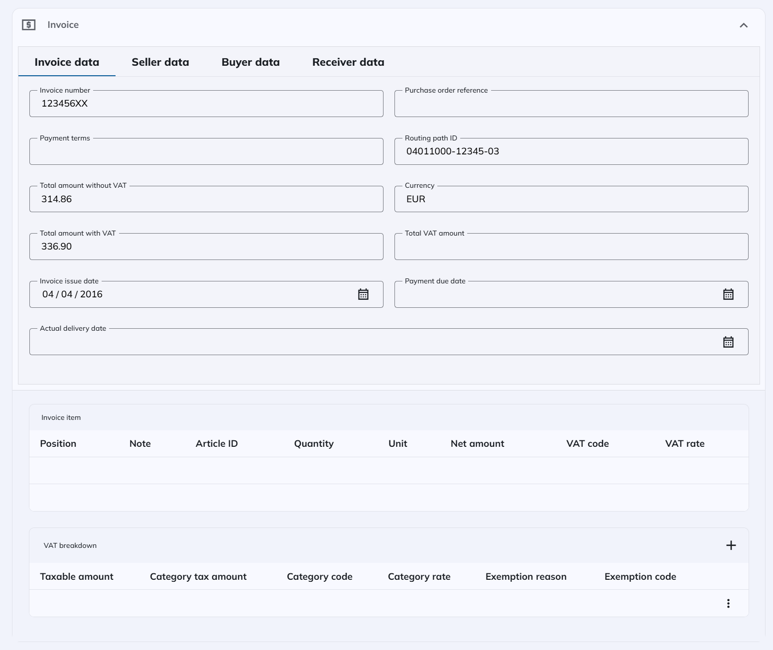 EDIT form example for an invoice