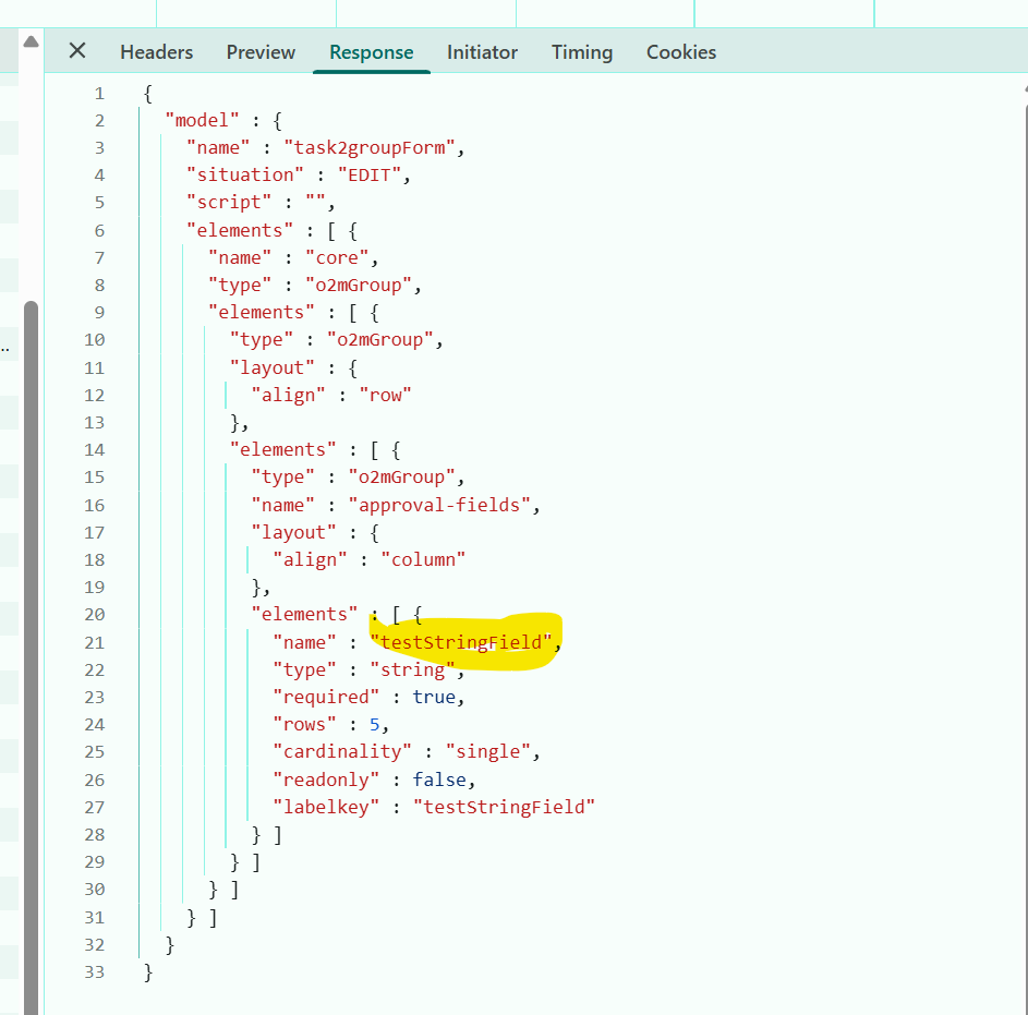 Task form model with the highlighted element name testStringField