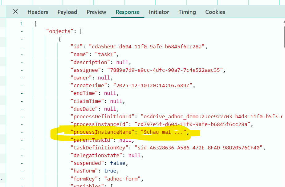 BPM API response with the highlighted processInstanceName