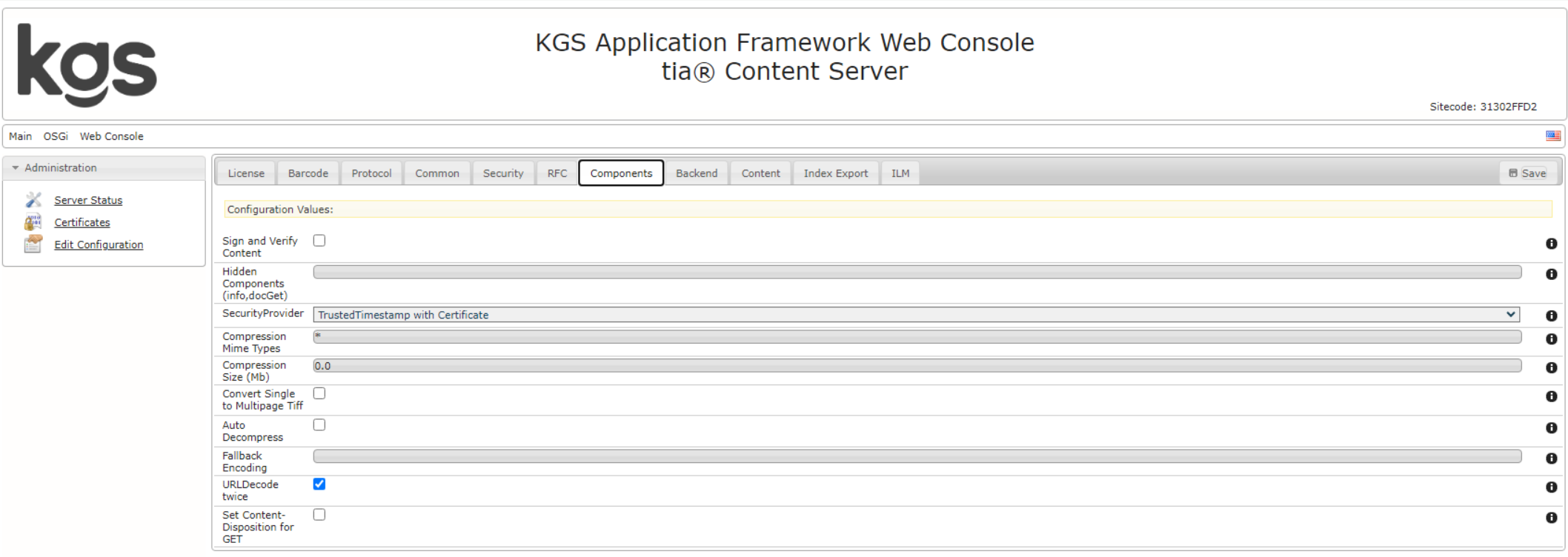 Screenshot of the Components tab in the previous KGS Application Framework Web Console