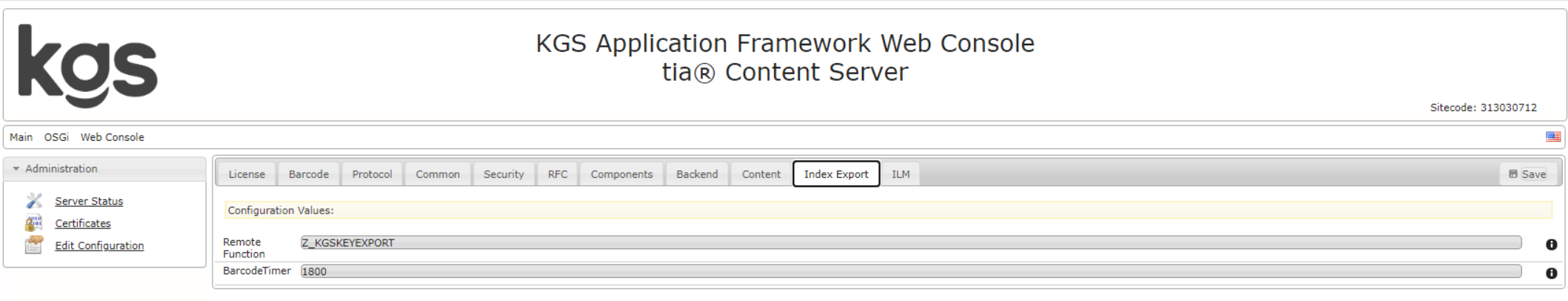 Screenshot of the Index Export Tab in the previous KGS Application Framework Web Console